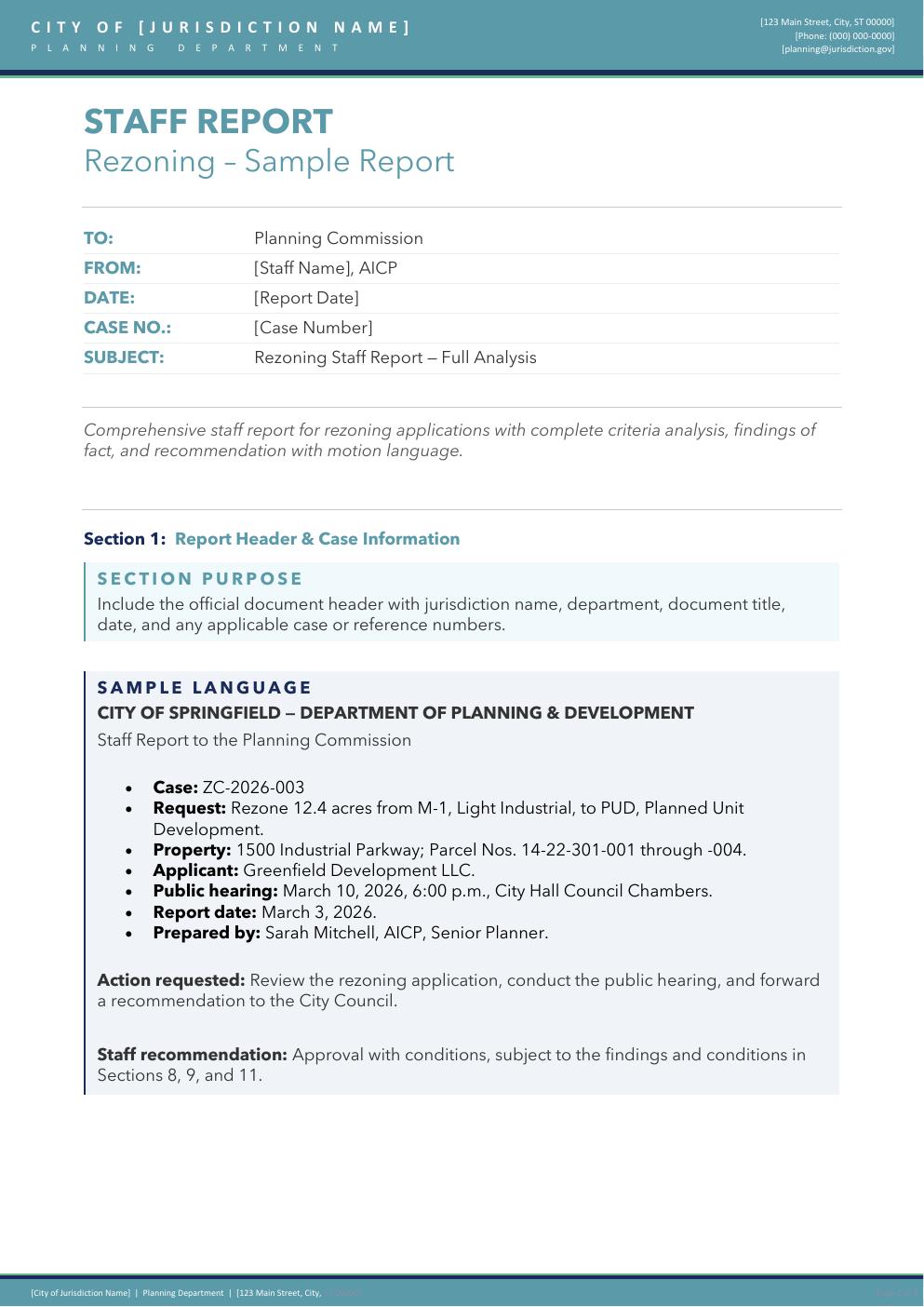 First page excerpt from CivicSparq's illustrative sample rezoning staff report